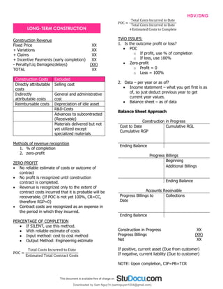 INTPRAB Notes from Brian Lim HDV/DNG
Construction Revenue
Fixed Price XX
+ Variations XX
+ Claims XX
+ Incentive Payments (early completion) XX
- Penalty/Liq Damages(delays) (XX)
TOTAL XX
Construction Costs Excluded
Directly attributable
costs
Selling cost
Indirectly
attributable costs
General and administrative
cost
Reimbursable costs Depreciation of idle asset
R&D Costs
Advances to subcontracted
(Receivable)
Materials delivered but not
yet utilized except
specialized materials
Methods of revenue recognition
1. % of completion
2. zero-profit
ZERO-PROFIT
• No reliable estimate of costs or outcome of
contract
• No profit is recognized until construction
contract is completed.
• Revenue is recognized only to the extent of
contract costs incurred that it is probable will be
recoverable. (If POC is not yet 100%, CR=CC,
therefore RGP=0)
• Contract costs are recognized as an expense in
the period in which they incurred.
PERCENTAGE OF COMPLETION
• If SILENT, use this method.
• With reliable estimate of costs
• Input method: cost to cost method
• Output Method: Engineering estimate
POC =
Total Costs Incurred to Date
Estimated Total Contract Costs
POC =
Total Costs Incurred to Date
Total Costs Incurred to Date
+Estimated Costs to Complete
TWO ISSUES:
1. Is the outcome profit or loss?
• POC
o If profit, use % of completion
o If loss, use 100%
• Zero-profit
o Profit = 0
o Loss = 100%
2. Data – per year or as of?
• Income statement – what you get first is as
of, so just deduct previous year to get
current year values.
• Balance sheet – as of data
Balance Sheet Approach
Construction in Progress
Cost to Date Cumulative RGL
Cumulative RGP
Ending Balance
Progress Billings
Beginning
Additional Billings
Ending Balance
Accounts Receivable
Progress Billings to
Date
Collections
Ending Balance
Construction in Progress XX
Progress Billings (XX)
Net XX
If positive, current asset (Due from customer)
If negative, current liability (Due to customer)
NOTE: Upon completion, CIP=PB=TCR
LONG-TERM CONSTRUCTION
Downloaded by Sam Nguy?n (samnguyen1004@gmail.com)
lOMoARcPSD|7994367
 
