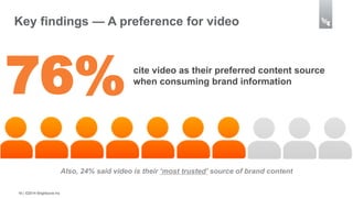 Key findings — A preference for video 
76%cite video as their preferred content source 
16 | ©2014 Brightcove Inc 
when consuming brand information 
Also, 24% said video is their ‘most trusted’ source of brand content 
 