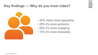 Key findings — Why do you trust video? 
• 44% Video more appealing 
• 29% It’s more authentic 
• 28% It’s more engaging 
• 10% It’s more shareable 
17 | ©2014 Brightcove Inc 
 