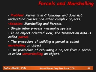 Zafar Shahid, PhD Android Binder Deep Dive Track (1/3) 43
• Problem: Kernel is in C language and does not
understand classes and other complex objects.
•Solution: Marshalling and Parcels.
• Simple inter process messaging system
• In an object oriented view, the transaction data is
called parcel.
• The procedure of building a parcel is called
marshalling an object.
• The procedure of rebuilding a object from a parcel
is called unmarshalling an object.
Parcels and Marshalling
 