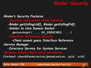 Zafar Shahid, PhD Android Binder Deep Dive Track (1/3) 51
51
Binder Security
•Binder’s Security Features
–Securely Determined Client Identity
–Binder.getCallingUid(), Binder.getCallingPid()
–Similar to Unix Domain Socket
getsockopt(..., SO_PEERCRED, ...)
–Interface Reference Security
•Client cannot guess Interface Reference
•Service Manager
–Directory Service for System Services
•Serveice should check client permission
Context.checkPermission(permission, pid, uid)
 