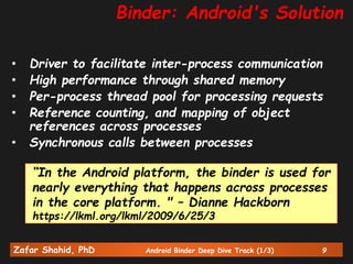 Zafar Shahid, PhD Android Binder Deep Dive Track (1/3) 9
Binder: Android's Solution
• Driver to facilitate inter-process communication
• High performance through shared memory
• Per-process thread pool for processing requests
• Reference counting, and mapping of object
references across processes
• Synchronous calls between processes
“In the Android platform, the binder is used for
nearly everything that happens across processes
in the core platform. " – Dianne Hackborn
https://lkml.org/lkml/2009/6/25/3
 