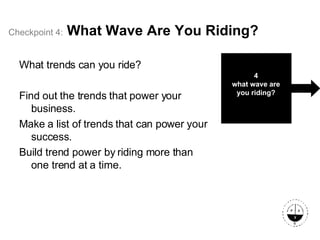 Checkpoint   4:   What Wave Are You Riding? What trends can you ride? Find out the trends that power your business.  Make a list of trends that can power your success.  Build trend power by riding more than one trend at a time. 4 what wave are you riding? 