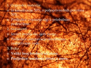 1. Organske materije
 Iz kanalizacije 50%, s poljoprivrednih površina
   50%.
 Posljedice: cvjetanje algi u priobalnim
   područijma.
2. Sedimenti
 Izvori: erozija tla, sječe šuma...

 Posljedice: zatrpavanje ekosistema,
   zamućivanje vode.
3. Buka
 Veliki broj brodova na moru.

 Posljedice: ometanje života u moru.
 