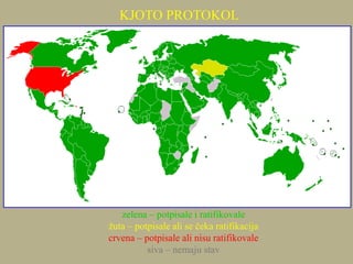 zelena – potpisale i ratifikovale
žuta – potpisale ali se čeka ratifikacija
crvena – potpisale ali nisu ratifikovale
siva – nemaju stav
KJOTO PROTOKOL
 