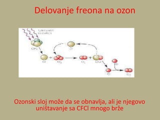 Delovanje freona na ozon
Ozonski sloj može da se obnavlja, ali je njegovo
uništavanje sa CFCl mnogo brže
 