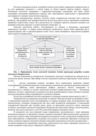 Поточне планування полягає в розробці планів на всіх рівнях управління підприємством та
по усіх напрямках діяльності, а також планів на більш короткі періоди квартал, місяць).
Різновидом поточного планування є оперативно-календарне планування, яке являє собою
календарне ув'язування виробничого процесу між структурними підрозділами із врахуванням
послідовності та метрів технологічного процесу.
Ядром (визначальною ланкою), системи планів підприємства виступає його стратегія
розвитку, при розробці якої використовуються результати аналізу нього середовища, виконання
прийнятих стратегічних планів. Ці ж результати, як і вибрана стратегія слугують основою для
розробки детальних середньо та довгострокових планів (рис. 1).
Оскільки аналітична робота, спостереження за змінами в ринковому середовищі
проводяться постійно, то завжди може виникнути необхідність внести певні корективи або в
короткострокові, або в середньострокові плани. Існує також ймовірність передчасної розробки
нової стратегії підприємства.
Рис. 1. Принципова схема взаємодії основних блоків процедури розробки планів
діяльності підприємства.
Методи планування на підприємстві. Планування діяльності підприємства здійснюється за
допомогою різних методів. При виборі методів планування необхідно враховувати певні вимоги
до них:
• методи планування повинні: по-перше, бути адекватними зовнішнім умовам
господарювання, особливостям різних етапів процесу становлення та розвитку ринкових відносин;
• найбільш повно враховувати профіль діяльності об'єкта планування та
різноманітність в засобах та шляхах досягнення основної підприємницької мети — збільшення
прибутку; по-третє, відрізнятися в залежності від виду розроблюваного плану. Більшість відомих
методів планування можна класифікувати за різними ознаками.
Результати класифікації методів планування за певними ознаками представлені в табл. 2.
Ресурсний метод планування, виділений за ознакою "Вихідна позиція для розробки плану",
із урахуванням ринкових умов господарювання та наявних ресурсів може застосовуватись при
монопольному становищі підприємства або при слабо розвинутій конкуренції. З посиленням
конкурентної боротьби вже потреби ринку попит на продукцію (послуги) стають вихідною
позицією, початковим моментом планування. Підприємство самостійно виконує цілепокладання,
визначає мету (цілі) діяльності і для її (їх) досягнення формує відповідні плани.
В залежності від сили ринкової влади підприємства застосовуються і різні принципи
визначення кінцевого та проміжних значень планових показників. При монопольному положенні,
відсутності загрози з боку конкурентів підприємство впевнене в тому, що розвиток в майбутньому
буде здійснюватись із збереженням тенденцій, що склались в минулому. Проміжні та кінцеві (на
кінець планового періоду) значення планових показників визначаються методом екстраполяції —
на основі динаміки цих показників в минулому, припускаючи, що темпи і пропорції, досягнуті на
момент розробки плану будуть збережені в майбутньому.
 