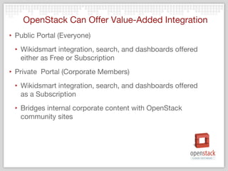 OpenStack Can Offer Value-Added Integration
‣ Public Portal (Everyone)
 ‣ Wikidsmart integration, search, and dashboards offered
   either as Free or Subscription
‣ Private Portal (Corporate Members)
 ‣ Wikidsmart integration, search, and dashboards offered
   as a Subscription
 ‣ Bridges internal corporate content with OpenStack
   community sites
 