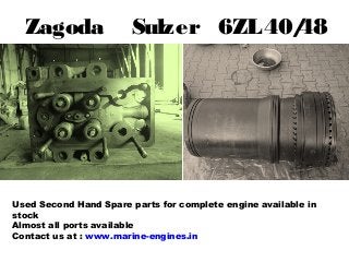 Zagoda

Sulzer 6ZL 40/
48

Used Second Hand Spare parts for complete engine available in
stock
Almost all ports available
Contact us at : www.marine-engines.in

 
