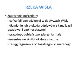 RZEKA WIS?A
? Zagro?enia po?rednie:
- cofka fali powodziowej w dop?ywach Wis?y
- d?awienie lub blokada odp?yww z kanalizacji
opadowej i oglnosp?awnej
- prawdopodobieostwo zdarzenia ma?e
- ewentualne skutki lokalnie znaczne
- zasi?g zagro?enia od lokalnego do znacznego

 