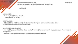 Dr Guillaume Zagury
A/ FRANCE
1/ INCIDENCE :
- 61 cas de plus / 30 hier / 42 veille
- 1 décès ( femme de 89 ans)
2/ PRÉVALENCE :
- 191cas (150 hier et 120 la veille) : doublement tous les 4 jours comme initialement en Chine ?
À confirmer demain avec les nouveaux chiffres
3/ ANALYTIC ( cf Iconographie)
- Hors des 3 foyers identifiés (Oise, Haute-Savoie, Morbihan), il est recommandé de poursuivre une vie normale : cf
iconographie
- Attention à bien protéger les seniors surtout si pathologie pré-existante.
Les points importants de ce jour
(J36 après les mesures de Santé publique pour la CoroV Flu )
3 Mars 2020
 