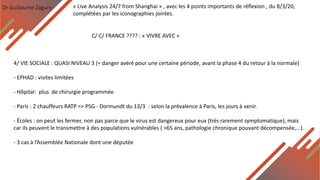 Dr Guillaume Zagury
C/ C/ FRANCE ???? : « VIVRE AVEC »
« Live Analysis 24/7 from Shanghai » , avec les 4 points importants de réflexion , du 8/3/20,
complétées par les iconographies jointes.
4/ VIE SOCIALE : QUASI NIVEAU 3 (= danger avéré pour une certaine période, avant la phase 4 du retour à la normale)
- EPHAD : visites limitées
- Hôpital: plus de chirurgie programmée
- Paris : 2 chauffeurs RATP => PSG - Dormundt du 13/3 : selon la prévalence à Paris, les jours à venir.
- Écoles : on peut les fermer, non pas parce que le virus est dangereux pour eux (très rarement symptomatique), mais
car ils peuvent le transmettre à des populations vulnérables ( >65 ans, pathologie chronique pouvant décompensée,...).
- 3 cas à l’Assemblée Nationale dont une députée
 