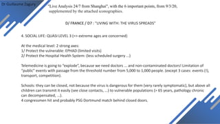 Dr Guillaume Zagury
D/ FRANCE / D7 : "LIVING WITH: THE VIRUS SPREADS"
"Live Analysis 24/7 from Shanghai", with the 6 important points, from 9/3/20,
supplemented by the attached iconographies.
4. SOCIAL LIFE: QUASI LEVEL 3 (=> extreme ages are concerned)
At the medical level: 2 strong axes:
1/ Protect the vulnerable: EPHAD (limited visits)
2/ Protect the Hospital Health System: (less scheduled surgery ...)
Telemedicine is going to “explode”, because we need doctors ... and non-contaminated doctors! Limitation of
“public” events with passage from the threshold number from 5,000 to 1,000 people. (except 3 cases: events (!),
transport, competition).
Schools: they can be closed, not because the virus is dangerous for them (very rarely symptomatic), but above all
children can transmit it easily (see close contacts, ...) to vulnerable populations (> 65 years, pathology chronic
can decompensated, ...).
4 congressmen hit and probably PSG Dortmund match behind closed doors.
 