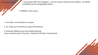 Dr Guillaume Zagury
F. DEMAIN : entre autres …
« Live Analysis 24/7 from Shanghai » , avec les 6 points importants de réflexion , du 9/3/20,
complétées par les iconographies jointes.
1. Une vidéo : les 6 questions a se poser
2. Les écoles sur le territoire à risque de fermetures
3. Etude des différents taux de mortalité observés
(nous en parlions des le 31 janvier : Hubei-Out Of Hubei- International).
 