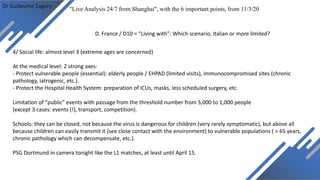 Dr Guillaume Zagury
D. France / D10 = “Living with”: Which scenario, Italian or more limited?
"Live Analysis 24/7 from Shanghai", with the 6 important points, from 11/3/20
4/ Social life: almost level 3 (extreme ages are concerned)
At the medical level: 2 strong axes:
- Protect vulnerable people (essential): elderly people / EHPAD (limited visits), immunocompromised sites (chronic
pathology, iatrogenic, etc.).
- Protect the Hospital Health System: preparation of ICUs, masks, less scheduled surgery, etc.
Limitation of “public” events with passage from the threshold number from 5,000 to 1,000 people
(except 3 cases: events (!), transport, competition).
Schools: they can be closed, not because the virus is dangerous for children (very rarely symptomatic), but above all
because children can easily transmit it (see close contact with the environment) to vulnerable populations ( > 65 years,
chronic pathology which can decompensate, etc.).
PSG Dortmund in camera tonight like the L1 matches, at least until April 15.
 