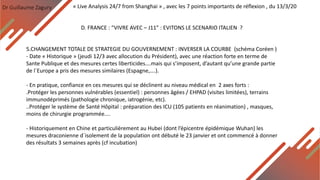 Dr Guillaume Zagury
D. FRANCE : “VIVRE AVEC – J11” : EVITONS LE SCENARIO ITALIEN ?
« Live Analysis 24/7 from Shanghai » , avec les 7 points importants de réflexion , du 13/3/20
5.CHANGEMENT TOTALE DE STRATEGIE DU GOUVERNEMENT : INVERSER LA COURBE (schéma Coréen )
- Date « Historique » (jeudi 12/3 avec allocution du Président), avec une réaction forte en terme de
Sante Publique et des mesures certes liberticides….mais qui s’imposent, d’autant qu’une grande partie
de l`Europe a pris des mesures similaires (Espagne,….).
- En pratique, confiance en ces mesures qui se déclinent au niveau médical en 2 axes forts :
.Protéger les personnes vulnérables (essentiel) : personnes âgées / EHPAD (visites limitées), terrains
immunodéprimés (pathologie chronique, iatrogénie, etc).
..Protéger le système de Santé Hôpital : préparation des ICU (105 patients en réanimation) , masques,
moins de chirurgie programmée....
- Historiquement en Chine et particulièrement au Hubei (dont l’épicentre épidémique Wuhan) les
mesures draconienne d`isolement de la population ont débuté le 23 janvier et ont commencé à donner
des résultats 3 semaines après (cf incubation)
 