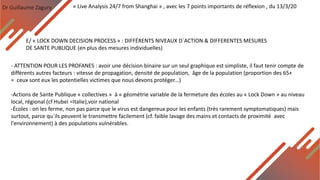 Dr Guillaume Zagury
E/ « LOCK DOWN DECISION PROCESS » : DIFFÉRENTS NIVEAUX D`ACTION & DIFFERENTES MESURES
DE SANTE PUBLIQUE (en plus des mesures individuelles)
« Live Analysis 24/7 from Shanghai » , avec les 7 points importants de réflexion , du 13/3/20
- ATTENTION POUR LES PROFANES : avoir une décision binaire sur un seul graphique est simpliste, il faut tenir compte de
différents autres facteurs : vitesse de propagation, densité de population, âge de la population (proportion des 65+
= ceux sont eux les potentielles victimes que nous devons protéger...)
-Actions de Sante Publique « collectives » à « géométrie variable de la fermeture des écoles au « Lock Down » au niveau
local, régional (cf Hubei =Italie),voir national
-Écoles : on les ferme, non pas parce que le virus est dangereux pour les enfants (très rarement symptomatiques) mais
surtout, parce qu`ils peuvent le transmettre facilement (cf. faible lavage des mains et contacts de proximité avec
l'environnement) à des populations vulnérables.
 