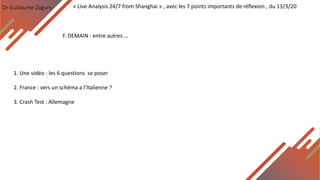 Dr Guillaume Zagury
F. DEMAIN : entre autres …
« Live Analysis 24/7 from Shanghai » , avec les 7 points importants de réflexion , du 13/3/20
1. Une vidéo : les 6 questions se poser
2. France : vers un schéma a l’Italienne ?
3. Crash Test : Allemagne
 