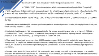 Dr Guillaume Zagury
"Live Analysis 24/7 from Shanghai", with the 7 important points, from 14/3/20,
C. “CRASH TEST”: Dimension equation: which countries are at risk (hospital load / capacity)?)
1) With my colleague Dr Bachir Athmani, we evaluate every day a health system / potential massive influx of patients, 15%
of whom will have severe forms requiring hospitalization and 5% a stay in medical intensive care for +/- 1- 2 weeks..
2) Some experts estimate that around 40% (+/- 20%) of the population will be infected: +/- 30M in France and +/- 120M in
the USA.
3) Let us take a concrete example: Lebanon (particularly exposed due to its proximity to Iran), with a population of 7M, and
which currently presents 61 cases.
4) Evaluate its load / capacity: 500 respirators available for 7M people, almost the same ratio as in France (1 / 10,000 =
7,000 respirators / 70M). Their capacity (= maximum limit), taking into account other evolving medical pathologies in
parallel (⅓ of the beds: infarction, ....), corresponds to: ⅔ x 500 = 300 beds.
5 / As a result, there should be no more than 60,000 prevalence cases (1 ICU case / 20 biologically tested diagnoses =>
symptomatic), or roughly 1% prevalence (= we do not test everything coming asymptomatic: reasoning transferable to
France), for Lebanon to show increasing mortality figures (nevertheless also take into account the younger age of the
population).
6 / But we saw it with Italy (also in Wuhan), the emergencies were quickly saturated, in the North (about 12M people),
because if the respirators are distributed in a uniform way on the territory, the pathology is not. Hence the excess mortality
 