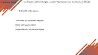 Dr Guillaume Zagury
F. DEMAIN : entre autres …
« Live Analysis 24/7 from Shanghai », avec les 7 points importants de réflexion, du 14/3/20
1. Une vidéo : les 6 questions se poser
2. Carte au niveau Européen
3. Et possiblement une surprise digitale
 