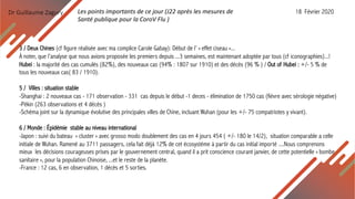 Dr Guillaume Zagury
3 / Deux Chines (cf figure réalisée avec ma complice Carole Gabay): Début de l’ « effet ciseau »...
À noter, que l’analyse que nous avions proposée les premiers depuis ...3 semaines, est maintenant adoptée par tous (cf iconographies)...!
Hubei : la majorité des cas cumulés (82%), des nouveaux cas (94% : 1807 sur 1910) et des décès (96 % ) / Out of Hubei : +/- 5 % de
tous les nouveaux cas( 83 / 1910).
5 / Villes : situation stable
-Shanghai : 2 nouveaux cas - 171 observation - 331 cas depuis le début -1 deces - élimination de 1750 cas (fièvre avec sérologie négative)
-Pékin (263 observations et 4 décès )
-Schéma joint sur la dynamique évolutive des principales villes de Chine, incluant Wuhan (pour les +/- 75 compatriotes y vivant).
6 / Monde : Épidémie stable au niveau international
-Japon : suivi du bateau « cluster » avec grosso modo doublement des cas en 4 jours 454 ( +/- 180 le 14/2), situation comparable a celle
initiale de Wuhan. Ramené au 3711 passagers, cela fait déjà 12% de cet écosystème à partir du cas initial importé ....Nous comprenons
mieux les décisions courageuses prises par le gouvernement central, quand il a prit conscience courant janvier, de cette potentielle « bombe
sanitaire », pour la population Chinoise, ...et le reste de la planète.
-France : 12 cas, 6 en observation, 1 décès et 5 sorties.
Les points importants de ce jour (J22 après les mesures de
Santé publique pour la CoroV Flu )
18 Février 2020
 
