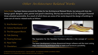 A PRESENTATION ON ARCHITECT “ZAHA HADID” BY DEEPAK KUMAR & AHMAD FARAZ 106
Other Architecture Related Works
Zaha Hadid has been famous around the Globe for her Architectural Related Works, but along with that she
being a good designer, artist, painter and good in sketching. She has also worked on Z Car Hydrogen Powered
three-wheeled automobile. As a result of which there are some of her works beyond the design of buildings in
some sort of interior related works as follows:
1) Aria Pendant Lamp
2) Celeste Necklace & Cuff
3) The Odrupgaard Bench
4) Tide Shelving
5) Floating Staircase
6) Aqua Table
7) Chandeliers
The inspiration for the ‘Seamless’ furniture collection is the concept of ‘seamless
fluidity’.
The latest development in three dimensional design software and the most cutting
edge manufacturing techniques help to make such furniture a possibility.
Zaha Hadid’s Moon & Crest Sofa
REFERENCE: HTTP://WWW.ZAHA-HADID.COM/ARCHITECTURE-SUNDRY-01/
 