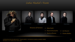 A PRESENTATION ON ARCHITECT “ZAHA HADID” BY DEEPAK KUMAR & AHMAD FARAZ 118
Zaha Hadid’s Team
Zaha Hadid
Patrick Schumacher Gianluca Racana
 Zaha Hadid
 Patrick Schumacher
 Gianluca Racana
Jim Heverin Charles Walker
 Jim Heverin
 Charles Walker
Directors & Partners
REFERENCE: HTTP://WWW.ZAHA-HADID.COM
 