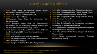 A PRESENTATION ON ARCHITECT “ZAHA HADID” BY DEEPAK KUMAR & AHMAD FARAZ 15
List of Awards & Honors
 1982: Gold Medal Architectural Design, British
Architecture for 59 Eaton Place, London
 1994: Erich Schelling Architecture Award
 2001: Equerre d'argent Prize
 2002:Austrian State Prize for Architecture for
Bergiselschanze
 2003: European Union Prize for Contemporary
Architecture for the Strasbourg tramway terminus and
car park at Hoenheim in Strasbourg, France
 2003: Commander of the Civil Division of the Order of
the British Empire (CBE) For services to Architecture
 2004: Pritzker Prize
 2005: Austrian Decoration for Science and Art
 2005: German Architecture Prize for the central building
of the BMW plant in Leipzig
 2005: Designer of the Year Award for Design Miami
 2005: RIBA European Award for BMW Central Building
 2006: RIBA European Award for Phaeno Science Centre
 2007: Thomas Jefferson Medal in Architecture
 2008: RIBA European Award for Nordpark Cable Railway
 2009: Praemium Imperiale
 2010: RIBA European Award for MAXXI
 2012: Jane Drew Prize for her "outstanding contribution
to the status of women in architecture"
 2012: Jury member for the awarding of the Pritzker Prize
to Wang Shu in Los Angeles, CA.
 2013: 41st Winner of the Veuve Clicquot UK Business
Woman Award
 2013: Elected international member, American
Philosophical Society
REFERENCE: WWW.ZAHA-HADID.COM/PROFILE ; WIKIPEDIA- ZAHA HADID
 