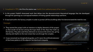 A PRESENTATION ON ARCHITECT “ZAHA HADID” BY DEEPAK KUMAR & AHMAD FARAZ 19
Cont’d…
Conceptual Graphics of the Vitra Fire Station
by Architect Zaha Hadid
 Completed in 1993, the Vitra fire station was Hadid’s first realized project of her career.
 In this project Hadid’s showcased work that delves into the deconstructivist theoretical language that she developed
through her paintings as a conceptual mediator of finding spatial relationships and form.
 It was built within the factory complex in order to protect all Vitra buildings after fire demonstrated the need for one.
Concept
 They started the project with an intention to deploy elements of the project
so that would not be lost among the huge sheds of the ships that make up
the factory. They also used these elements to structure the entire site, giving
identity and rhythm to the main street that runs through the complex.
 It was conceived as a longitudinal garden, as if it were the artificial extension
of the linear patterns of the adjacent farmland and vineyards.
REFERENCE: HTTP://WWW.ZAHA-HADID.COM/ARCHITECTURE/VITRA-FIRE-STATION-2/
 