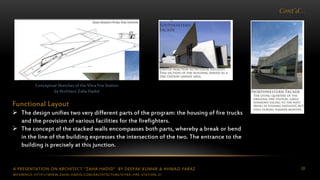 A PRESENTATION ON ARCHITECT “ZAHA HADID” BY DEEPAK KUMAR & AHMAD FARAZ 20
Cont’d…
Conceptual Sketches of the Vitra Fire Station
by Architect Zaha Hadid
Functional Layout
 The design unifies two very different parts of the program: the housing of fire trucks
and the provision of various facilities for the firefighters.
 The concept of the stacked walls encompasses both parts, whereby a break or bend
in the line of the building expresses the intersection of the two. The entrance to the
building is precisely at this junction.
REFERENCE: HTTP://WWW.ZAHA-HADID.COM/ARCHITECTURE/VITRA-FIRE-STATION-2/
 