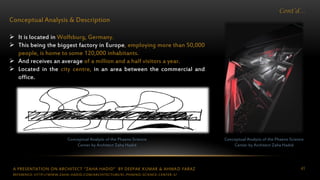 A PRESENTATION ON ARCHITECT “ZAHA HADID” BY DEEPAK KUMAR & AHMAD FARAZ 41
Cont’d…
Conceptual Analysis & Description
 It is located in Wolfsburg, Germany.
 This being the biggest factory in Europe, employing more than 50,000
people, is home to some 120,000 inhabitants.
 And receives an average of a million and a half visitors a year.
 Located in the city centre, in an area between the commercial and
office.
Conceptual Analysis of the Phaeno Science
Center by Architect Zaha Hadid
Conceptual Analysis of the Phaeno Science
Center by Architect Zaha Hadid
REFERENCE: HTTP://WWW.ZAHA-HADID.COM/ARCHITECTURE/EL-PHAENO-SCIENCE-CENTER-3/
 
