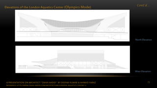 A PRESENTATION ON ARCHITECT “ZAHA HADID” BY DEEPAK KUMAR & AHMAD FARAZ 73
Cont’d…
Elevations of the London Aquatics Center (Olympics Mode)
West Elevation
North Elevation
REFERENCE: HTTP://WWW.ZAHA-HADID.COM/ARCHITECTURE/LONDON-AQUATICS-CENTER-1/
 
