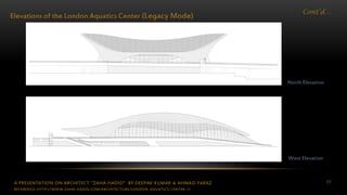 A PRESENTATION ON ARCHITECT “ZAHA HADID” BY DEEPAK KUMAR & AHMAD FARAZ 77
Cont’d…
Elevations of the London Aquatics Center (Legacy Mode)
West Elevation
North Elevation
REFERENCE: HTTP://WWW.ZAHA-HADID.COM/ARCHITECTURE/LONDON-AQUATICS-CENTER-1/
 