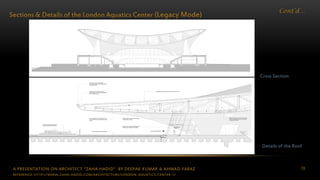 A PRESENTATION ON ARCHITECT “ZAHA HADID” BY DEEPAK KUMAR & AHMAD FARAZ 78
Cont’d…
Sections & Details of the London Aquatics Center (Legacy Mode)
Details of the Roof
Cross Section
REFERENCE: HTTP://WWW.ZAHA-HADID.COM/ARCHITECTURE/LONDON-AQUATICS-CENTER-1/
 
