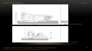 A PRESENTATION ON ARCHITECT “ZAHA HADID” BY DEEPAK KUMAR & AHMAD FARAZ 92
Cont’d…Sections of the Building
Cross Section
Longitudinal Section
REFERENCE: HTTP://WWW.ZAHA-HADID.COM/ARCHITECTURE/HEYDAR-ALIYEV-CENTRE/
 