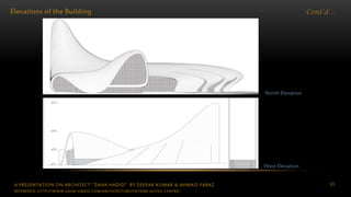 A PRESENTATION ON ARCHITECT “ZAHA HADID” BY DEEPAK KUMAR & AHMAD FARAZ 93
Cont’d…Elevations of the Building
West Elevation
North Elevation
REFERENCE: HTTP://WWW.ZAHA-HADID.COM/ARCHITECTURE/HEYDAR-ALIYEV-CENTRE/
 