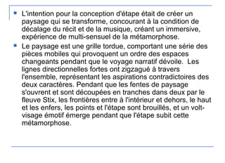  L'intention pour la conception d'étape était de créer un
paysage qui se transforme, concourant à la condition de
décalage du récit et de la musique, créant un immersive,
expérience de multi-sensuel de la métamorphose.
 Le paysage est une grille tordue, comportant une série des
pièces mobiles qui provoquent un ordre des espaces
changeants pendant que le voyage narratif dévoile. Les
lignes directionnelles fortes ont zigzagué à travers
l'ensemble, représentant les aspirations contradictoires des
deux caractères. Pendant que les fentes de paysage
s'ouvrent et sont découpées en tranches dans deux par le
fleuve Stix, les frontières entre à l'intérieur et dehors, le haut
et les enfers, les points et l'étape sont brouillés, et un volt-
visage émotif émerge pendant que l'étape subit cette
métamorphose.
 