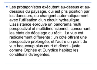  Les protagonistes exécutent au-dessus et au-
dessous du paysage, qui est pris position par
les danseurs, ou changent automatiquement
avec l'utilisation d'un circuit hydraulique.
L'assistance éprouve un panorama multi
perspectival et multidimensionnel, concernant
les états de décalage du récit. La vue est
radicalement différente : un côté offrant une
perspective prolongée, et l'autre un point de
vue beaucoup plus court et direct - juste
comme Orphée et Eurydice habitez les
conditions divergentes.
 