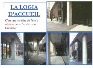 LA LOGIA
D’ACCUEIL
C’est une manière de faire la
relation entre l’extérieur et
l’intérieur
 