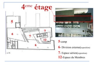 4eme
étage
5-camp
6- Division externe(exposition)
7- Espace aérien(exposition)
12-Espace du Membres
5
6
7
7
6
12
 