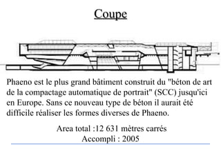 Phaeno est le plus grand bâtiment construit du "béton de art
de la compactage automatique de portrait" (SCC) jusqu'ici
en Europe. Sans ce nouveau type de béton il aurait été
difficile réaliser les formes diverses de Phaeno.
Area total :12 631 mètres carrés
Accompli : 2005
CoupeCoupe
 