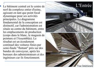  Le bâtiment central est le centre de
nerf du complexe entier d'usine,
agissant en tant que point focal
dynamique pour ses activités
principales. Le diagramme
fondamental de la conception est
distinctif, car l'administration est
située au centre du bâtiment, entre
les emplacements de production
(corps dans le blanc, le magasin de
peinture et l'Assemblée). Le
résultat est un écoulement
continuel des voitures finies par
semi-finale "flottant" près sur des
bandes de conveyeur, après les
bureaux des administrateurs et des
ingénieurs car ils fonctionnent.
L'Entrée
Vue Intérieure
 