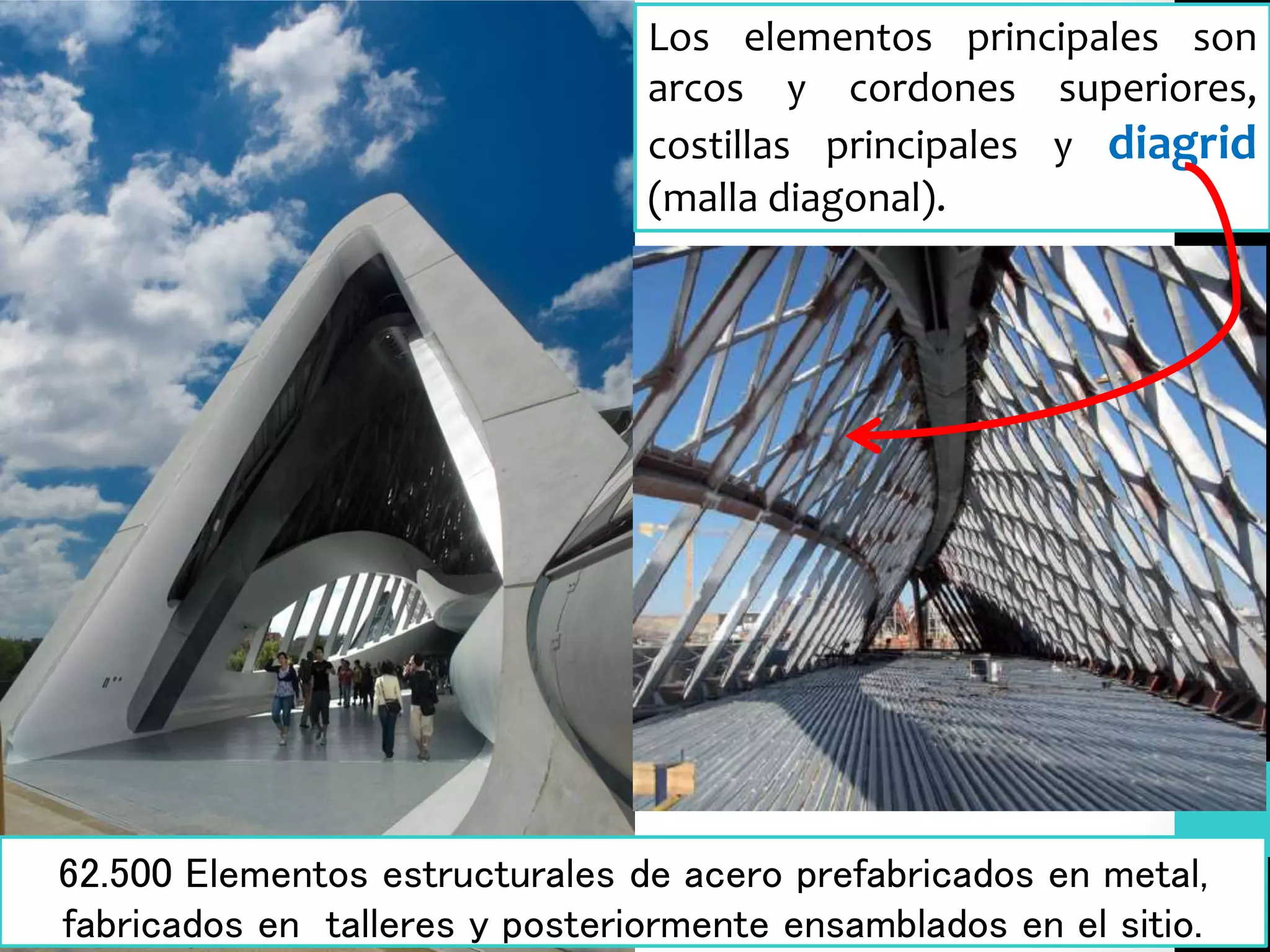 62.500 Elementos estructurales de acero prefabricados en metal,
fabricados en talleres y posteriormente ensamblados en el sitio.
Los elementos principales son
arcos y cordones superiores,
costillas principales y diagrid
(malla diagonal).
 