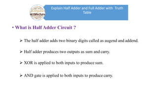 • What is Half Adder Circuit ?
 The half adder adds two binary digits called as augend and addend.
 Half adder produces ...