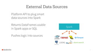 13
External Data Sources
Platform API to plug smart
data sources into Spark
Returns DataFrames usable
in Spark apps or SQL
Pushes logic into sources
Spark
{JSON}
 