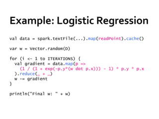 Example: Logistic Regression
val data = spark.textFile(...).map(readPoint).cache()

var w = Vector.random(D)

for (i <- 1 to ITERATIONS) {
  val gradient = data.map(p =>
    (1 / (1 + exp(-p.y*(w dot p.x))) - 1) * p.y * p.x
  ).reduce(_ + _)
  w -= gradient
}

println("Final w: " + w)
 