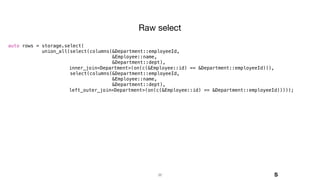 36
auto rows = storage.select(
union_all(select(columns(&Department::employeeId,
&Employee::name,
&Department::dept),
inner_join<Department>(on(c(&Employee::id) == &Department::employeeId))),
select(columns(&Department::employeeId,
&Employee::name,
&Department::dept),
left_outer_join<Department>(on(c(&Employee::id) == &Department::employeeId)))));
Raw select
S
 