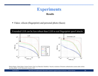 Experiments
                                                                          Results


        Fakes: silicon (fingerprint) and personal photo (faces)


      Extended LLR can be less robust than LLR to real fingerprint spoof attacks
                                      LLR
                     2                                                                                             Extended LLR
                    10                                                                                    2
                                                                                                         10



                     1
                    10                                                                                    1
                                                                                                         10
          FRR (%)




                                                                                               FRR (%)
                                                                       no spoof
                     0
                                                                       fing.
                    10                                                 face                               0
                                                                                                         10
                                                                       both
                                                                       w-fing.
                                                                       w-face
                     −1
                    10 −1                                                                                 −1
                      10      10
                                 0
                                            10
                                               1
                                                         10
                                                            2                                            10 −1        0            1             2
                                     FAR (%)                                                               10      10            10           10
                                                                                                                          FAR (%)




Battista Biggio, Zahid Akhtar, Giorgio Fumera, Gian Luca Marcialis, FabioRoli, “Security evaluation of biometric authentication systems under realistic
spoofing attacks”, In IET Biometrics, In press, 2012.
      06-03-2012                        Security of Multimodal Biometric Systems against Spoof Attacks - Zahid Akhtar                                 24
 