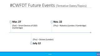 #CWFDT Future Events (Tentative Dates/Topics)
(Tue) – Smart Devices of 2025
(Cambridge)
Mar. 27
(Thu) – Drones (London)
July 12
(Thu) – Robotics (London / Cambridge)
Nov. 22
©3G4G
 