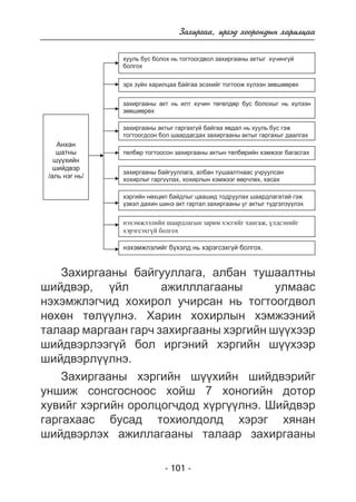 Çàõèðãàà, èðãýä õîîðîíäûí õàðèëöàà 
- 101 - 
Ⱥɧɯɚɧ 
ɲɚɬɧɵ 
ɲԛԛɯɢɣɧ 
ɲɢɣɞɜɷɪ 
/ɚɥɶ ɧɷɝ ɧɶ/ 
ɯɭɭɥɶ ɛɭɫ ɛɨɥɨɯ ɧɶ ɬɨɝɬɨɨɝɞɜɨɥ ɡɚɯɢɪɝɚɚɧɵ ɚɤɬɵɝ ɯԛɱɢɧɝԛɣ 
ɛɨɥɝɨɯ 
ɷɪɯ ɡԛɣɧ ɯɚɪɢɥɰɚɚ ɛɚɣɝɚɚ ɷɫɷɯɢɣɝ ɬɨɝɬɨɨɠ ɯԛɥɷɷɧ ɡԧɜɲԧԧɪԧɯ 
ɡɚɯɢɪɝɚɚɧɵ ɚɤɬ ɧɶ ɢɥɬ ɯԛɱɢɧ ɬԧɝԧɥɞԧɪ ɛɭɫ ɛɨɥɨɯɵɝ ɧɶ ɯԛɥɷɷɧ 
ɡԧɜɲԧԧɪԧɯ 
ɡɚɯɢɪɝɚɚɧɵ ɚɤɬɵɝ ɝɚɪɝɚɯɝԛɣ ɛɚɣɝɚɚ ɹɜɞɚɥ ɧɶ ɯɭɭɥɶ ɛɭɫ ɝɷɠ 
ɬɨɝɬɨɨɝɞɫɨɧ ɛɨɥ ɲɚɚɪɞɚɝɞɚɯ ɡɚɯɢɪɝɚɚɧɵ ɚɤɬɵɝ ɝɚɪɝɚɯɵɝ ɞɚɚɥɝɚɯ 
ɬԧɥɛԧɪ ɬɨɝɬɨɨɫɨɧ ɡɚɯɢɪɝɚɚɧɵ ɚɤɬɵɧ ɬԧɥɛԧɪɢɣɧ ɯɷɦɠɷɷɝ ɛɚɝɚɫɝɚɯ 
ɡɚɯɢɪɝɚɚɧɵ ɛɚɣɝɭɭɥɥɚɝɚ, ɚɥɛɚɧ ɬɭɲɚɚɥɬɧɚɚɫ ɭɱɪɭɭɥɫɚɧ 
ɯɨɯɢɪɥɵɝ ɝɚɪɝɭɭɥɚɯ, ɯɨɯɢɪɥɵɧ ɯɷɦɠɷɷɝ ԧԧɪɱɥԧɯ, ɯɚɫɚɯ 
ɯɷɪɝɢɣɧ ɧԧɯɰԧɥ ɛɚɣɞɥɵɝ ɰɚɚɲɢɞ ɬɨɞɪɭɭɥɚɯ ɲɚɚɪɞɥɚɝɚɬɚɣ ɝɷɠ 
ԛɡɜɷɥ ɞɚɯɢɧ ɲɢɧɷ ɚɤɬ ɝɚɪɬɚɥ ɡɚɯɢɪɝɚɚɧɵ ɭɝ ɚɤɬɵɝ ɬԛɞɝɷɥɡԛԛɥɷɯ 
ɧɷɯɷɦɠɥɷɥɢɣɧ ɲɚɚɪɞɥɚɝɵɧ ɡɚɪɢɦ ɯɷɫɝɢɣɝ ɯɚɧɝɚɠ, ԛɥɞɫɷɧɢɣɝ 
ɯɷɪɷɝɫɷɯɝԛɣ ɛɨɥɝɨɯ 
ɧɷɯɷɦɠɥɷɥɢɣɝ ɛԛɯɷɥɞ ɧɶ ɯɷɪɷɝɫɷɯɝԛɣ ɛɨɥɝɨɯ. 
Çàõèðãààíû áàéãóóëëàãà, àëáàí òóøààëòíû 
øèéäâýð, ¿éë àæèëëëàãààíû óëìààñ 
íýõýìæëýã÷èä õîõèðîë ó÷èðñàí íü òîãòîîãäâîë 
íºõºí òºë¿¿ëíý. Õàðèí õîõèðëûí õýìæýýíèé 
òàëààð ìàðãààí ãàð÷ çàõèðãààíû õýðãèéí ø¿¿õýýð 
øèéäâýðëýýã¿é áîë èðãýíèé õýðãèéí ø¿¿õýýð 
øèéäâýðë¿¿ëíý. 
Çàõèðãààíû õýðãèéí ø¿¿õèéí øèéäâýðèéã 
óíøèæ ñîíñãîñíîîñ õîéø 7 õîíîãèéí äîòîð 
õóâèéã õýðãèéí îðîëöîã÷äîä õ¿ðã¿¿ëíý. Øèéäâýð 
ãàðãàõààñ áóñàä òîõèîëäîëä õýðýã õÿíàí 
øèéäâýðëýõ àæèëëàãààíû òàëààð çàõèðãààíû 
 